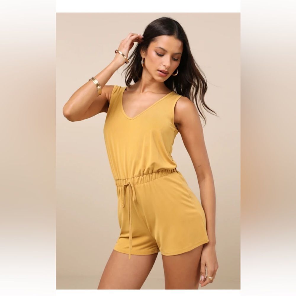 Lulus Sun Charmer Yellow Gold Sleeveless V Neck Lounge Romper Jumper Shorts